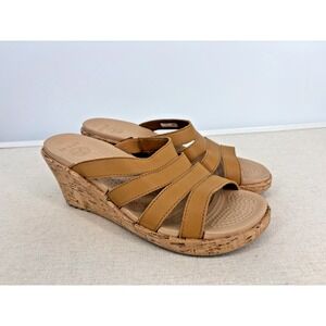 Crocs A Leigh Cork Wedge Sandal Womens 8 Tan Leather Strappy Slip On Heel 200414